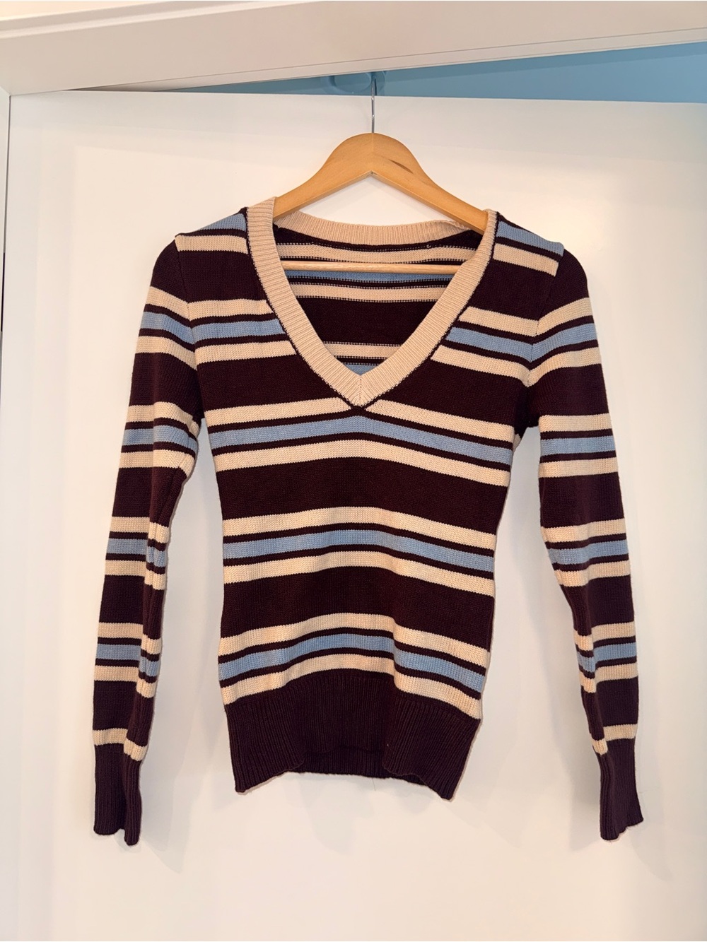 Striped V-Neck Women's Sweater in Brown, Cream & Light Blue